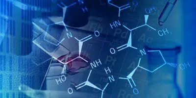 Collage of chemical structures, a test tube, and the periodic table representing advanced research and analysis in chemistry.