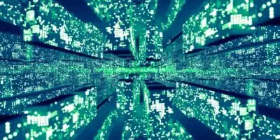 Abstract digital landscape with green and blue pixelated data streams, representing data visualization and digital environments.
