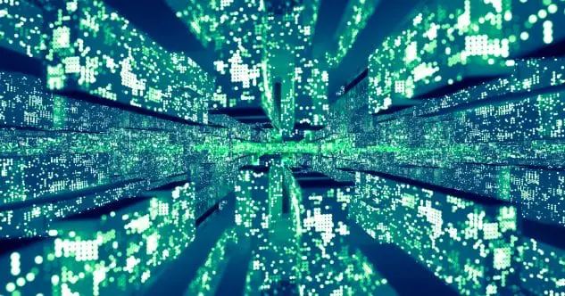 Abstract digital landscape with green and blue pixelated data streams, representing data visualization and digital environments.