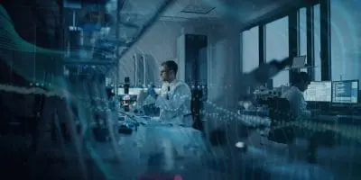 Scientists working in an advanced laboratory setting, using high-tech equipment and computers