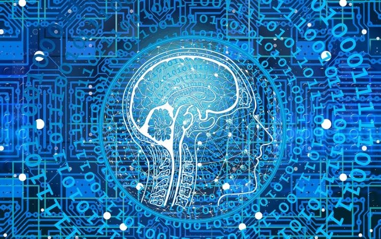Digital illustration depicting a human brain and circuitry, symbolizing artificial intelligence, with binary code and network patterns in the background.