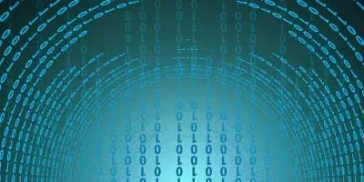 Abstract image of a tunnel made of blue binary code (0s and 1s), representing the flow and processing of digital data.