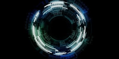Abstract illustration of a circular digital interface with bright lines and geometric patterns.