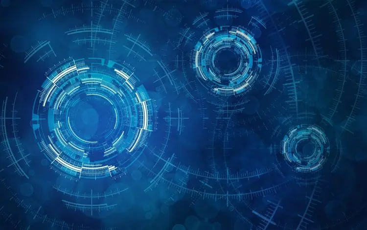 Abstract image of digital interface circles with intricate patterns and glowing blue elements