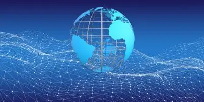 Illustration of a digital network represented by interconnected lines and nodes with a transparent globe showing continents in the background.