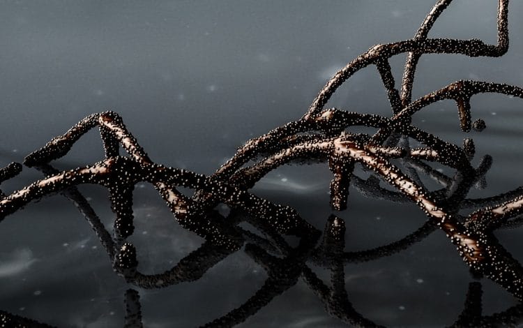 Abstract representation of a DNA double helix with a dark, reflective background.
