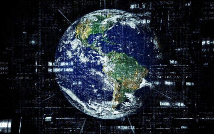 View of Earth with overlaid digital data and coding elements, symbolizing global digital connectivity and information exchange.
