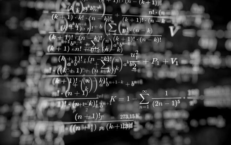 Black and white illustration of complex mathematical formulas and equations written on a blackboard