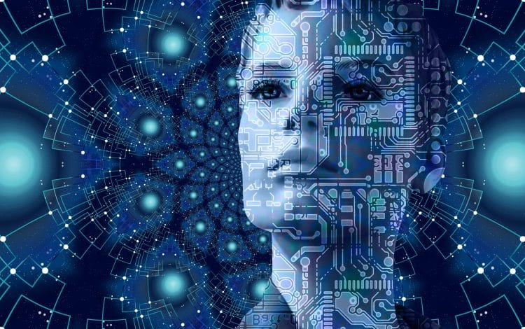 Human face merged with a circuit board design, symbolizing AI and human integration