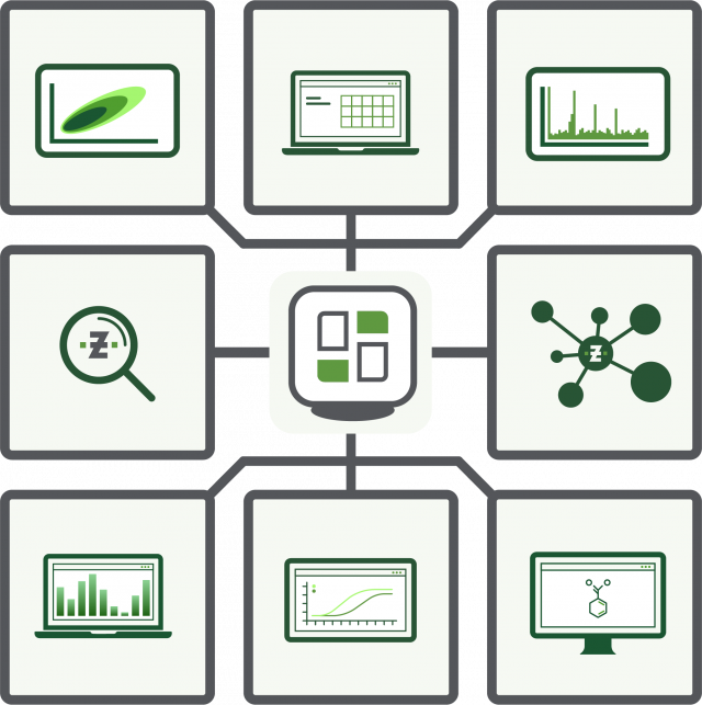 ZONTAL Applications Hub infographic with icons for software tools including data analysis, molecule visualization, and search functions.