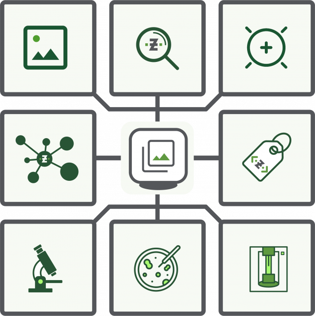 Infographic of ZONTAL Image Hub with icons for image storage, search, molecular modeling, lab equipment, and data tagging.