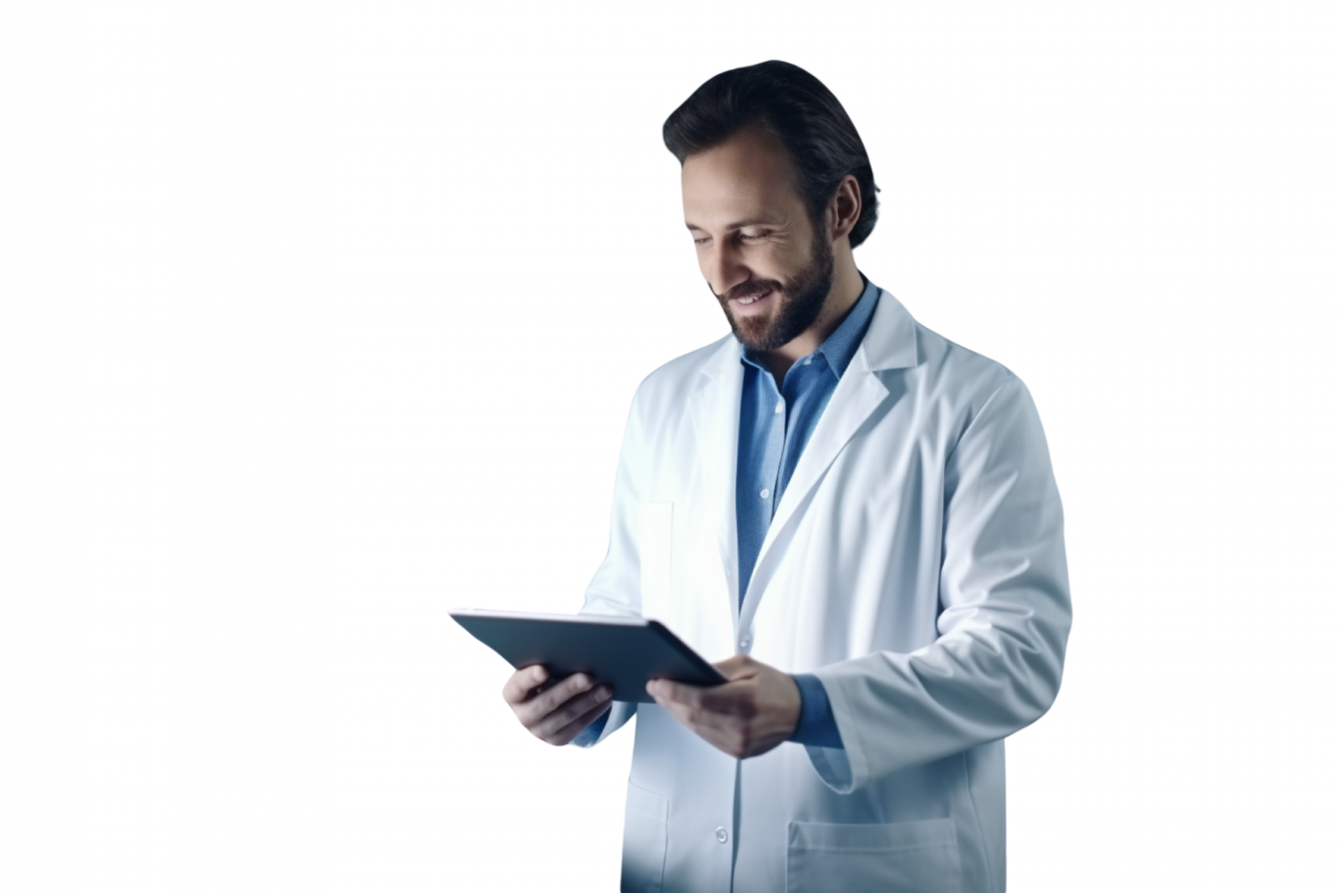 Scientist in a lab coat smiling while using a tablet.