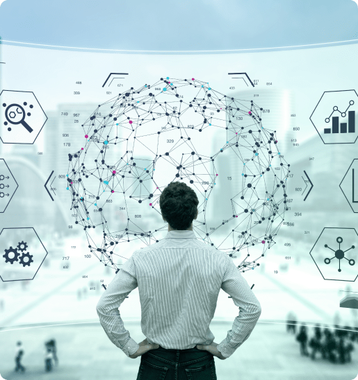 Man analyzing a digital interface with global data connections and analytics icons.