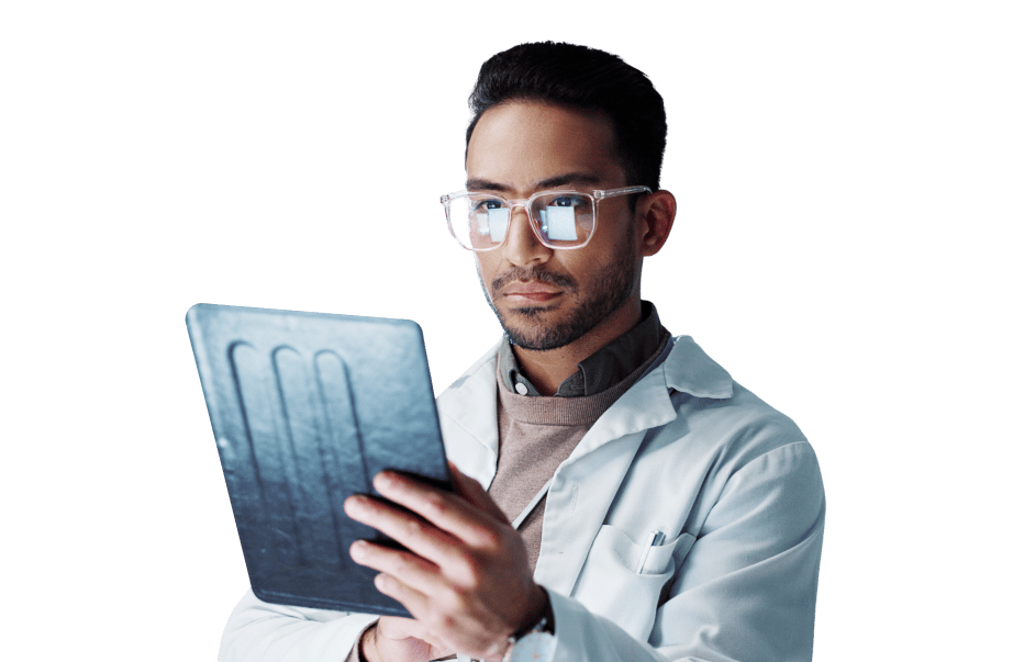 Male life scientist in glasses and a lab coat working on a tablet.
