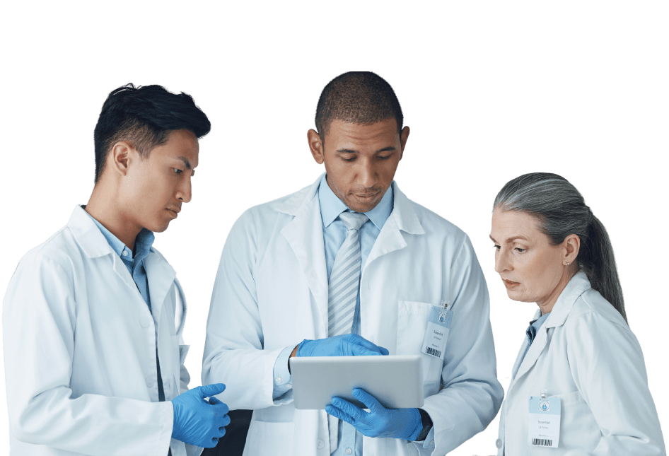 Three diverse scientists reviewing data on a tablet in a laboratory setting.