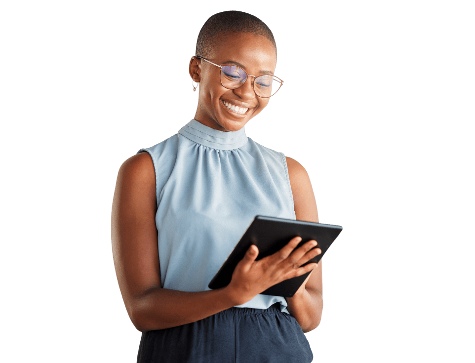 Female in glasses smiling and holding a tablet device