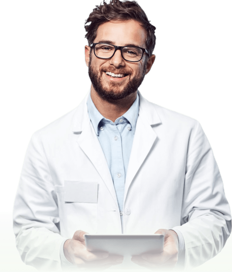 Smiling male life scientist in a lab coat holding a tablet, showcasing ZONTAL's data management platform.