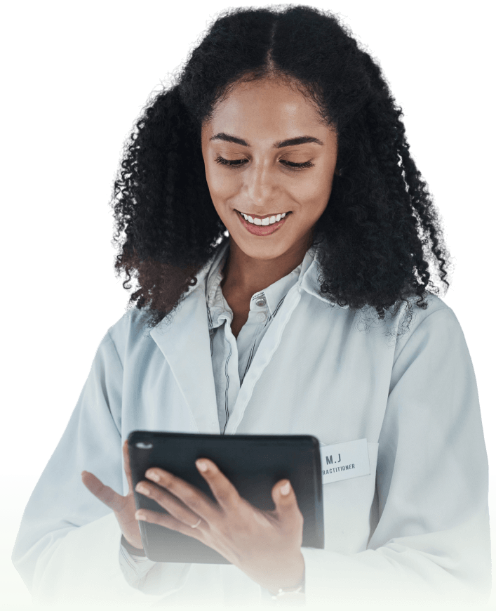 Female life scientist in a lab coat smiling while using a tablet, representing ZONTAL's innovative platform.