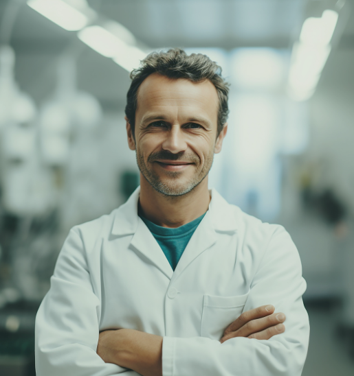 Portrait of a smiling male scientist with arms crossed, standing in a laboratory setting.