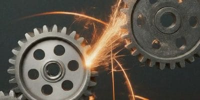 Industrial gears in motion with visible sparks.