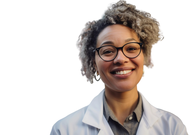 Smiling African American female scientist in glasses and lab coat, representing life sciences data management with ZONTAL solutions.