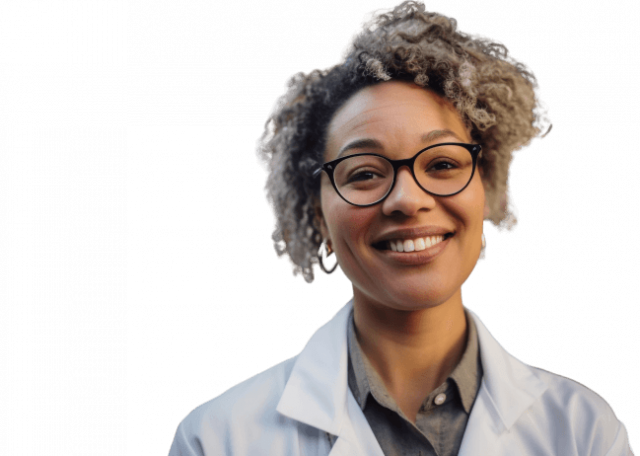 scientist in lab coat and glasses smiling