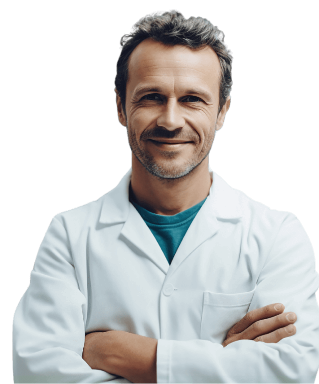 scientist in lab coat with arms folded smiling