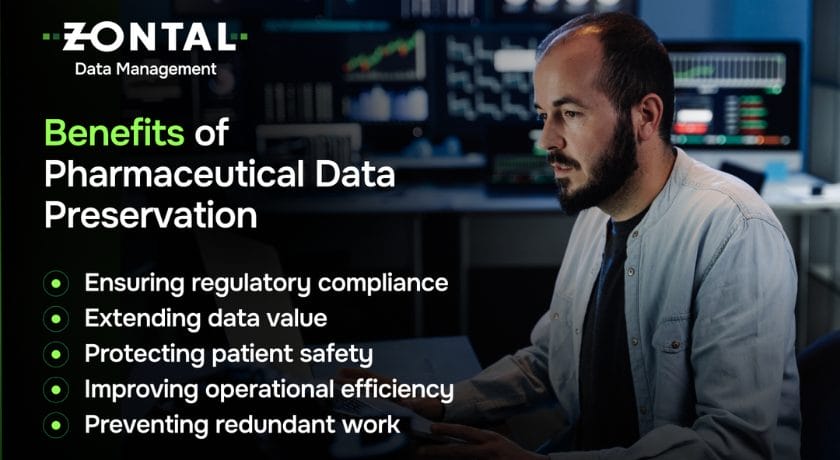 An infographic highlighting the key benefits of pharmaceutical data preservation, including compliance, reusability, and patient safety