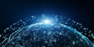 Digital globe with connected data icons representing global AI orchestration and networked information flow