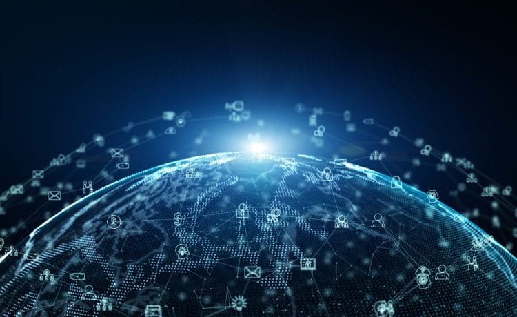 Digital globe with connected data icons representing global AI orchestration and networked information flow