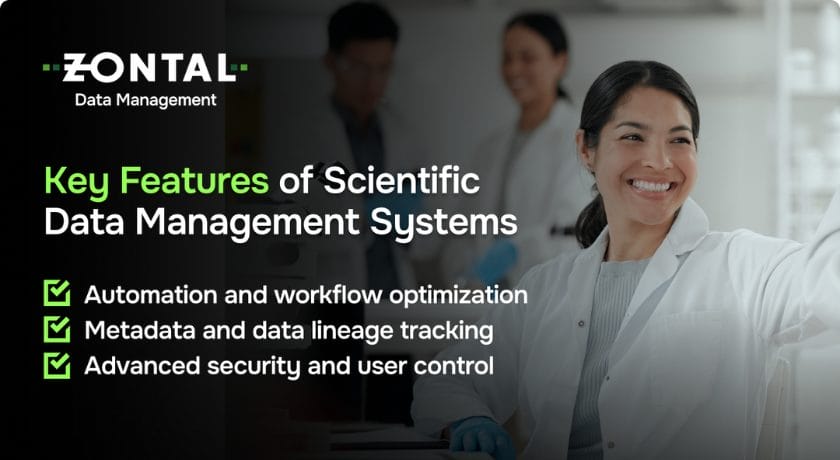 An infographic highlighting the features of scientific data management systems